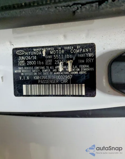 2015 Hyundai Genesis 3.8L z USA, uszkodzony, nr VIN KMHGN4JE3FU032987